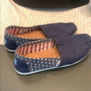 Red white and blue TOMS shoes